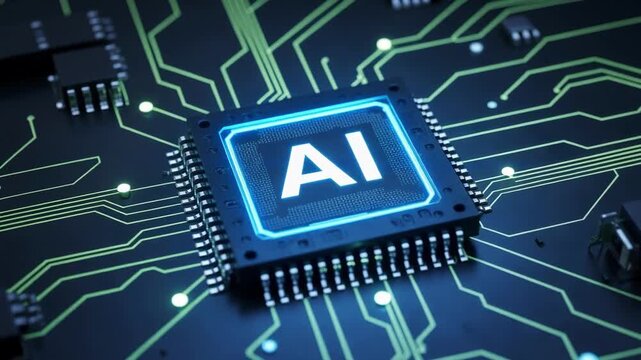 Artificial Intelligence Microchip on Circuit Board, AI Technology, Machine Learning and Digital Innovation Concept
