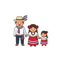 Family of three in traditional costumes holding hands.