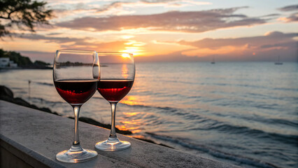 Two glasses of red wine sit on a table by the ocean during sunset with colorful clouds in the sky