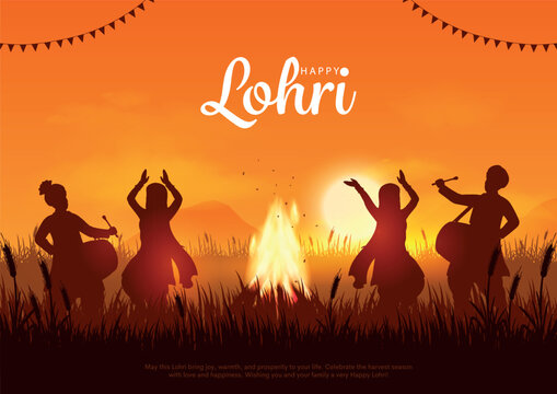 Happy Lohri festival of Punjab India background with sunset background and people dancing. Creative vector illustration design for banner, poster.