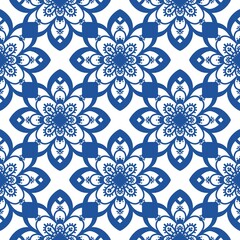 Fototapeta premium seamless pattern, black and white, monochrome, mandala, floral, lotus flower, repeating background, ornamental, decorative, oriental, Indian, ethnic, tribal, bohemian, boho, wallpa