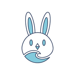 Cute cartoon bunny face silhouette with blue wave isolated on white background