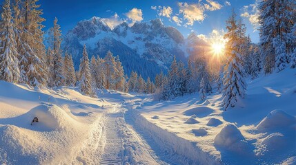 Winter landscape showcases snow-covered trees lining a path to sunlit mountain peaks