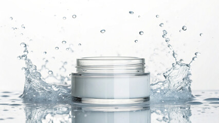 Water splashes around a clear jar of cream on a smooth surface under bright light in a simple setup