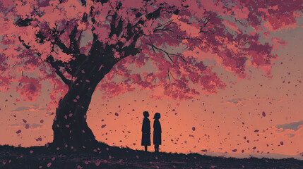 Silhouetted Couple Under a Blossoming Tree at Dusk