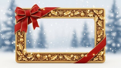 Festive gilded winter frame with snow-covered trees and decorative accents conveys holiday cheer