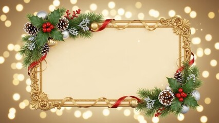 Elegant holiday frame with festive decorations and a soft, warm background bokeh lights providing