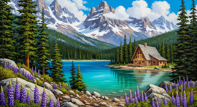 frame cabin by mountain lake with purple lupines landscape oil painting 3D relief wallpaper for mural wall art, canvas print, wall decor painting design