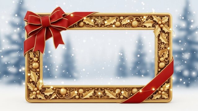 Festive gilded winter frame with snow-covered trees and decorative accents conveys holiday cheer