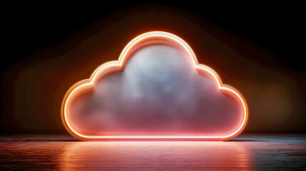 Glowing neon cloud shape with fog inside on wooden floor symbolizing futuristic data storage and cloud computing technology in dark room ambiance