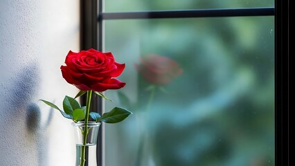 Single red rose in vase by window