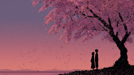 Silhouetted Couple Standing Beneath Blooming Cherry Tree at Sunset