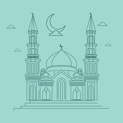 vector illustration of majestic mosque line art with blue background