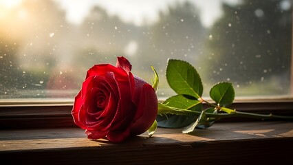 Single red rose on a windowsill