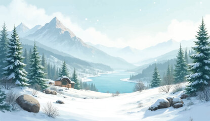Fototapeta premium Pound in center of snowy landscape,Frozen winter landscape with mountains, forest, and ice-covered lake or river for ice skating. Beautiful wild nature in snowy weather.