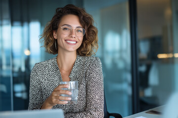 Smiling Professional Woman Holding Glass at Desk in Modern Office