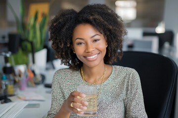 Smiling Professional black Woman Holding Glass at Desk in Modern Office