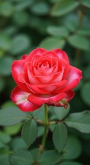 Single Red Rose Close-Up with Blurred Green Background. Centered Red Rose with Pink and White Petal Gradients. Elegant Red Rose on Stem with Foliage Close-Up.