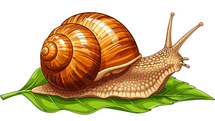 A detailed illustration of a garden snail with a brown spiral shell crawling on a vibrant green leaf.