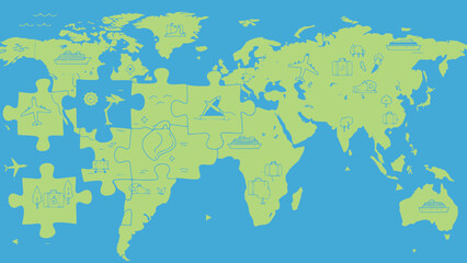 Obraz premium Global puzzle map with interlocking pieces, world geography concept, jigsaw earth