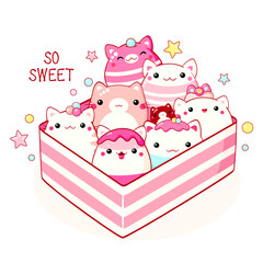 Bento box with cute cat-shaped food characters with smiling face and pink cheeks. Lunchbox set with healthy japanese traditional cuisine dishes. Takeaway homemade snacks. Vector illustration EPS8