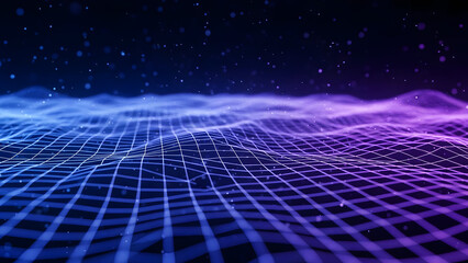 glowing blue and purple digital grid flowing in a complex 3D space