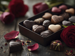 Assorted Heart Chocolates in Box with Red Roses and Petals on Wooden Surface