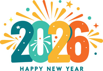Fototapeta premium Bright festive burst behind Happy New Year 2026 text on white, colorful holiday celebration, fireworks explosion, joyful greeting card, cheerful party illustration design