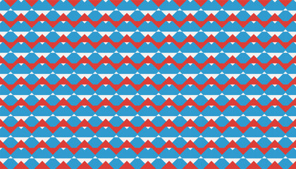 Seamless geometric pattern with repeating waves and diamonds in red and blue tones.