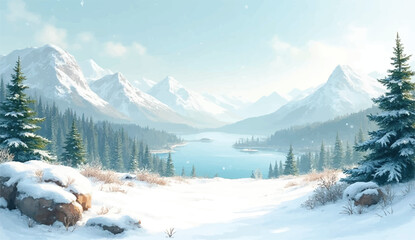 Winter snowy landscape,winter background of snow and frost with landscape of forest,Winter abstract landscape. Sunlight in the winter forest. Panorama of Lake landscape in winter. 