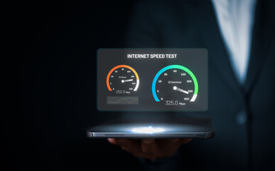 Internet connection speed test bandwidth network technology, Man use fast internet high speed on smartphone or tablet 5G signal quality, speed optimization. WiFi 6, Next generation Wi-Fi 7.