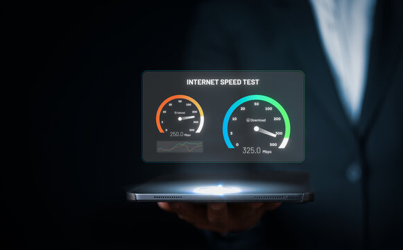 Internet connection speed test bandwidth network technology, Man use fast internet high speed on smartphone or tablet 5G signal quality, speed optimization. WiFi 6, Next generation Wi-Fi 7.