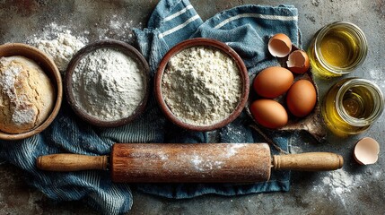 Flat lay of pizza dough ingredients on a rustic stone countertop featuring flour bowls, oil jars, a rolling pin, and scattered eggshells. Cozy home baking scene with detailed texture.