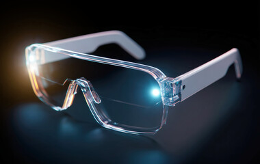 Glasses with camera and futuristic technology on isolated dark background. Smart VR/AR technology