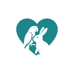 Rabbit and parrot heart emblem illustration.