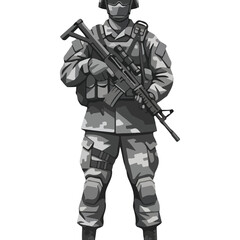 Military Soldier in Tactical Gear Holding Rifle.