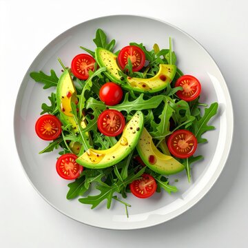 Overhead View of Fresh Green Salad with Avocado and Cherry Tomatoes