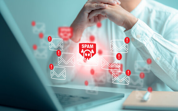 Cyber security awareness concept featuring spam mail pop-up warnings, suspect email alerts, and an inbox showing virus messages, caution signs, and harmful junk or trash mail.
