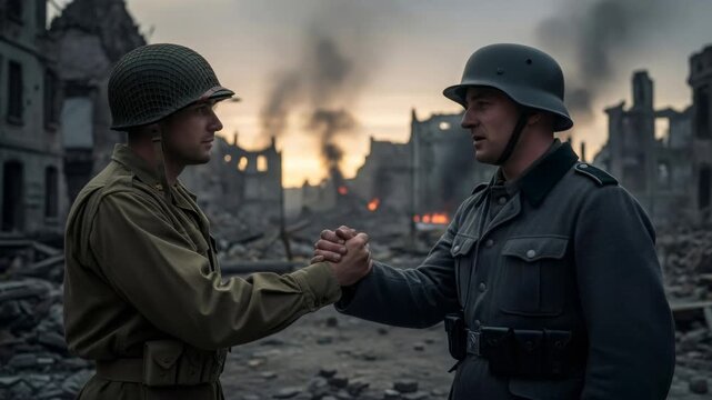 Two soldiers from opposing sides shake hands in a destroyed city, symbolizing peace and reconciliation after conflict.