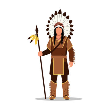 Native American Warrior Holding Spear and Wearing Feather Headdress Traditional Outfit Standing Isolated White Background