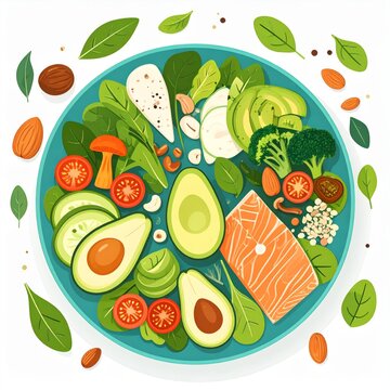 Vibrant Salad with Salmon Avocado and Vegetables on Blue Plate