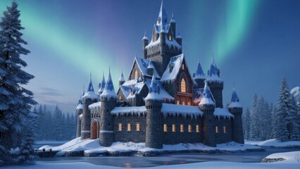 Majestic winter castle illuminated by aurora borealis amidst snowy landscape creating a fantasy