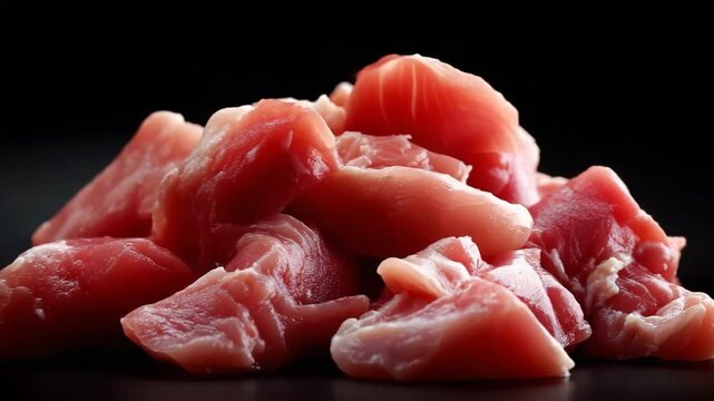 Close-up of fresh raw beef chunks on black background