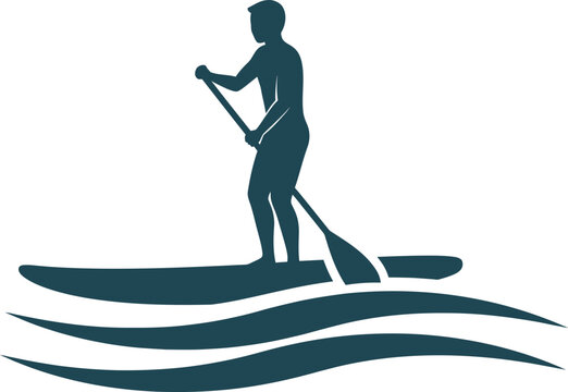 Clean, bold vector logo silhouette of a person stand-up paddleboarding (SUP) with stylized waves, perfect for water sports branding, travel agency logos, beach resorts, and outdoor adventure media.