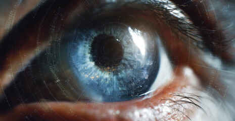 Human eye with futuristic cyberpunk technology digital contact lens. Biometric computer vision. Future tech, artificial intelligence