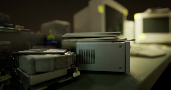 Vintage computer components rest on a cluttered workbench as soft shadows envelop the clutter. The dim light highlights the age and history of the technology present in this workspace.
