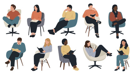 Diverse People Sitting and Reading Books in Comfortable Chairs, Vector Illustration Set