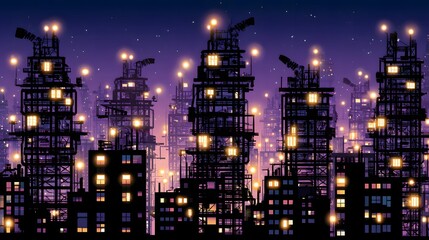 Obraz premium Watercolor cityscape of a futuristic factory skyline at dusk, silhouettes of robot arms on rooftops, purple and orange wash with glowing windows, wide open sky area for overlay text, conveys