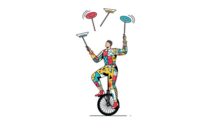 Circus Performer Juggling Spinning Plates on a Unicycle, Colorful Outfit Vector Art © eaceu