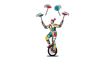 Circus Performer on Unicycle Juggling Spinning Plates Vector Illustration © eaceu